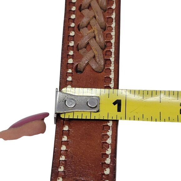 Vtg Handmade Cognac Braided Tooled Western Leather Belt 28\